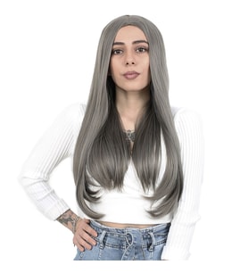 Fiber Sen Uzun Düz Peruk / Koyu Gri
