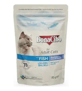 BonaCibo Soslu Uskumru-Balıklı Pouch Yetişkin Kedi Yaş Maması 85 gr x 12 Adet