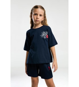 U.S. Polo Assn. 2072 Garson Çiçek Desenli Kız Çocuk Lacivert Bisiklet Yaka Kısa Kollu Şort Pijama Takım
