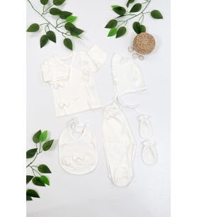 Kız Bebek Natural Pamuk Kumaş 5 Li Fiyonglu Lüks Süslü Hastane Çıkışı Seti STL6679 (Ekru)