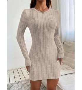 Kadın Uzun Kollu Bisiklet Yaka şardonlu Kalın Fitilli Kaşkorse Mini Boy Elbise (Bej)