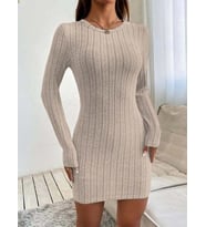Kadın Uzun Kollu Bisiklet Yaka şardonlu Kalın Fitilli Kaşkorse Mini Boy Elbise (Bej)