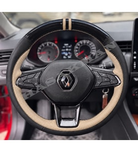 Renault Taliant Dikme Direksiyon Kılıfı Parlak Siyah Bej Detaylı Bej Çift Yüzük ve Dikiş 2021-2024