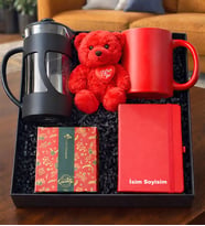 Sevgiliye Özel Kırmızı Hediye Seti İsim Baskılı Defter, Kupa, French Press, Peluş Ayıcık ve Kahve Seti