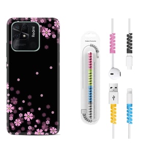 Xiaomi Redmi Note 7 8 9 Pro 10 2022 10 Pro 10S Kılıf Kablo Koruma Spiral Silikon Black flowers 1391