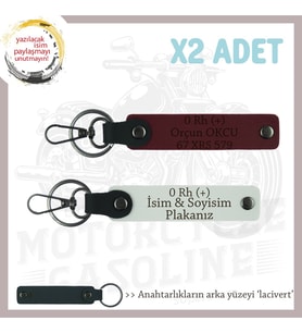 Bikerlar İsim Plaka, 0 Rh (+) Kan Grubu Yazılı Deri x2 Anahtarlık Hediyelik Takım, Beyaz-Bordo-Laci (Çok Renkli)