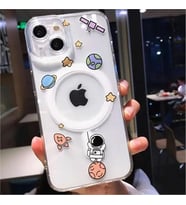 Coverzone iPhone 14 Pro Max ile uyumlu K?l?f Wireless ?arj �zellikli Magsafe ile uyumlu Astronot Bask?l? Sert PC ?effaf Arka Y�zey Gezegen