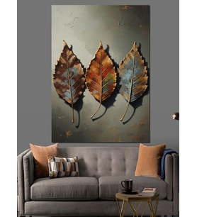 Üçlü Metalik Yapraklar Modern Sanat Dekoratif Kanvas - Mdf Ahşap Tablo