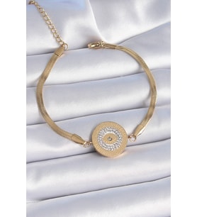 316L Çelik Gold Renk İtalyan Zincir Zirkon Taşlı Göz İşlemeli Madalyon Model - SSSSSS5391-3