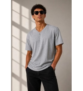 Erkek V Yaka Basic Tişört Kısa Kol Yazlık Regular Fit T-Shirt - Gri