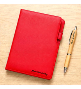 Kişiye Özel Deri Defter Bambu Kalem (Kırmızı)