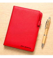 Kişiye Özel Deri Defter Bambu Kalem (Kırmızı)