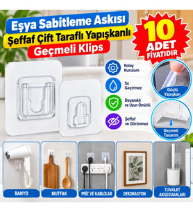 Mey İthalat® Eşya Sabitleme Askısı 10 Çift Şeffaf Çift Taraflı Yapışkanlı Geçmeli Klips (adet fiyatıdır)
