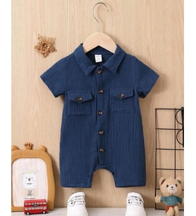 Unisex Bebek&Çocuk %100 Pamuklu Tahta Düğmeli Cepli Müslin Tulum-Mavi