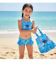 Kız Çocuk karakter Baskılı Eteği Fırfırlı- ip bağlamalı ÇANTA Mayo Bikini 3 lü Takım