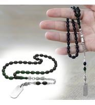 Ateş Kehribar Tesbih - Metal Püsküllü - Süzme Yeşil Siyah Renk - İsme Özel Yazılı - Arpa Kesim