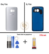 Samsung Galaxy S7 Gümüş Renk Arka Kapak + Tamir Seti + B7000 Yapıştırıcı Arka Cam Batarya Kapağı Pil Kapağı Lazer Kesim Back Cover Galaxy S7 Uyumlu