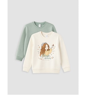 LCW Kids Ekru Baskılı Kız Çocuk Kalın Sweatshirt 2'li