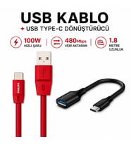 Philips 5A 100W UsbA to Type-C 1.8 M Hızlı Şarj ve Data Kablosu + ScHitec Type-C to UsbA 3.0 OTG Dönüştürücü Adaptör
