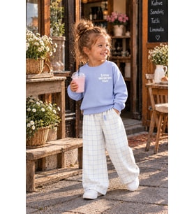 Little Wanderers Lila Kabartma Sırt Baskılı Sweatshirt ve Ekose Eşofman Kız Çocuk 3ip Alt Üst Takım