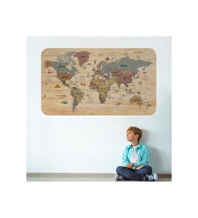Ahşap Görünümlü Türkçe Eğitici Detaylı Atlası Dekoratif Dünya Haritası Duvar Sticker-3844-85x130