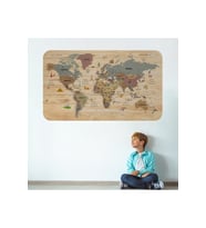 Ahşap Görünümlü Türkçe Eğitici Detaylı Atlası Dekoratif Dünya Haritası Duvar Sticker-3844-85x130