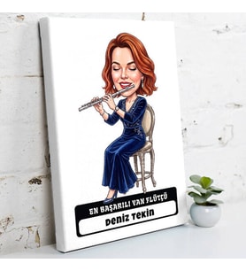 Flütçüye Hediye Kadın Karikatürlü Kanvas Tablo