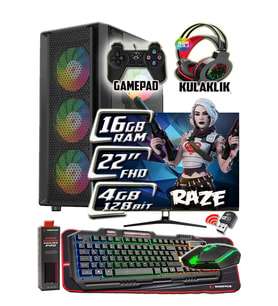 WarboX Raze 22" Monitör i3 7100 16gb DDR4 Ram 256gb Ssd 250gb Hdd R7 240-4gb E.kartı Gaming Takım PC (Siyah)