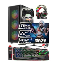 WarboX Raze 22" Monitör i3 7100 16gb DDR4 Ram 256gb Ssd 250gb Hdd R7 240-4gb E.kartı Gaming Takım PC (Siyah)