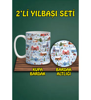 Yılbaşı Temalı Kupa ve Bardak Altlığı Seti