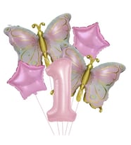 Gold Kelebekli Pembe 1 Yaş Rakam Balon Set