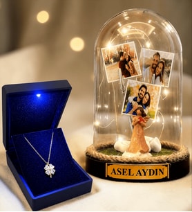 Kişiye Özel 3 Fotoğraflı Yazılı LED Fanus(şans meleği) ve 925 Ayar Gümüş Kalpli Yonca Kolye