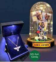 Premium Işıklı Kutuda 925 Ayar Zümrüdü Anka Kuşu Kolye ve Kişiye Özel Led Işıklı Fanus (Model 4)