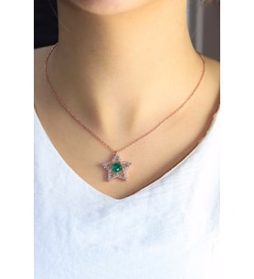 Zümrüt ve Zirkon Taşlı Yıldız Model Rose Kaplama Gümüş Kolye