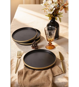 Keramika Mat Siyah Gold Fileli Stackable Pasta Tabağı 21 Cm 4 Adet