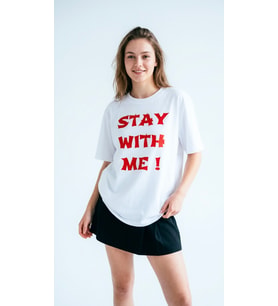 Kadın Beyaz Kırmızı Slogan Yazılı Baskılı Oversize Bisiklet Yaka Tişört