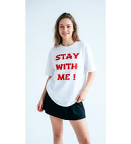 Kadın Beyaz Kırmızı Slogan Yazılı Baskılı Oversize Bisiklet Yaka Tişört