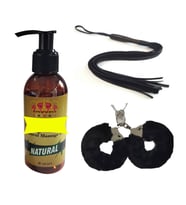 Fantezi Siyah Peluş Kelepçe+Siyah Kırbaç+Erotik Masaj Yağı