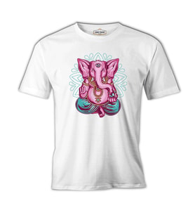 A Pink Elephant Meditating in a Yoga Pose Beyaz Erkek Tshirt