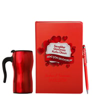 Sevgililer Gününe Özel Deri Kırmızı Defter Kalem & Termos Mug Hediye Seti 5