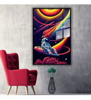 Metal Çerçeveli Temperli Cam Tablo Neon Renkli Uzay Boşluğu Astronot (Siyah)
