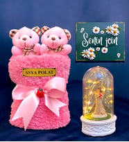 Kişiye Özel İsimli Hediye Seti  Led Işıklı Fanus & Pembe Peluş Saksıda 2li Peluş Buketi  Ayıcık Buketi (Model 2)