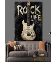Rock Life Gitar Ve Duvar Dekoratif Kanvas - Mdf Ahşap Tablo