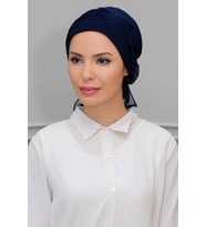 Lacivert Pratik Hazır Geçmeli Tesettür Bone Sandy Kumaş İncili Pileli Nervürlü Güllü 1805_02