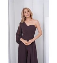 kadın kahverengi tek kol astarlı tül kumaş tasarım abiye tulum NBS9389