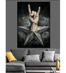 Yıldız Üstünde Rock El İşareti Dekoratif Kanvas - Mdf Ahşap Tablo