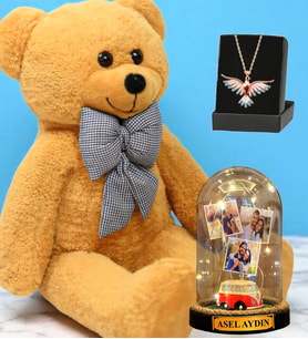 Büyük Boy Kahverengi Peluş Ayıcık, Kişiye Özel Led Işıklı Fanus ve Renkli Zümrüdü Anka Kuşu Kolye (Model 6)