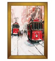 İstiklal Caddesi ve Tramvaylar Motifli Kanvas Tablo 80 x 110 cm Gold Çerçeve