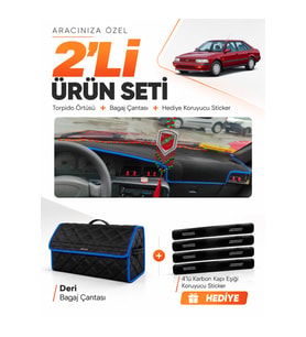 e-biz TOYOTA CARINA T170 (1988-1992) Uyumlu Torpido Örtüsü + Deri Bagaj Çantası - Siyah-Mavi - TO008