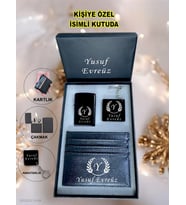 Kişiye Özel İsimli Harf Tasarım Benzinli Lüks Çakmak & Kartlık & Anahtarlık 3Lü Hediye Set Özel Kutu